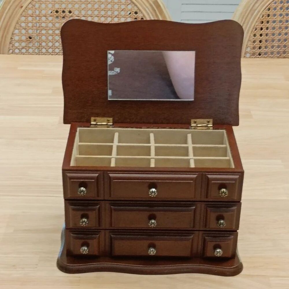 Vintage Wooden Dresser Style 3 Drawer Jewelry Box & Mirror